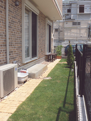 芝生が敷かれ、よく手入れされた日当たりの良いお庭