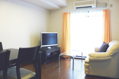 南西向きの大きな窓から光がたっぷり入る明るいＬＤ。家具の一部はもともと付いていたもの