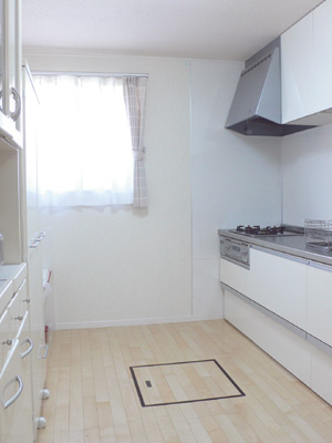 キッチンは棚などの家具もシステムキッチンもすべて白で統一された清潔感溢れる空間