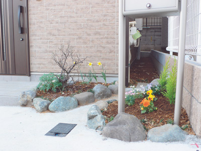 かわいらしい花が植えられた玄関前の花壇
