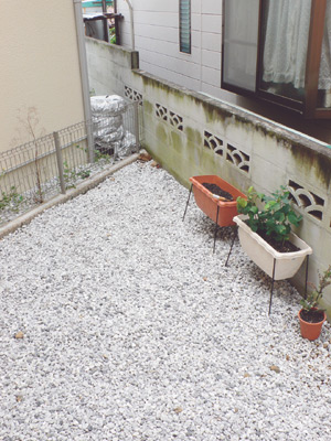 白い敷石のお庭。花壇にするか菜園にするか思案中とのこと