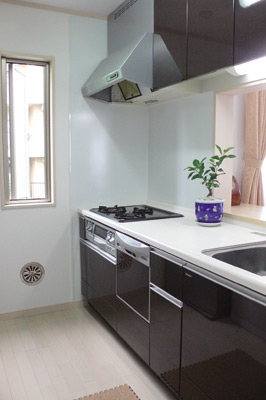 窓も大きく広々とした対面式のキッチンはモノトーンでスッキリとした印象