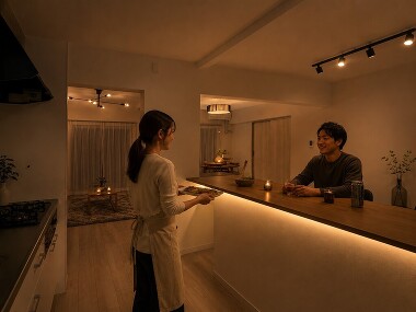 一日の終わりは、夫婦で語らう特等席へ。自宅にいながらバーのような心地よい時間を楽しめます。