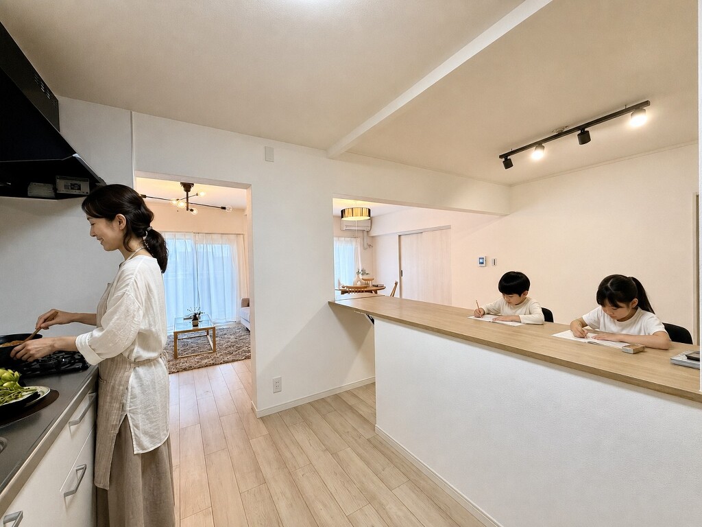 キッチンからお子様の様子を見守れるカウンター。家事をしながら自然と会話が生まれる、家族の距離が近づく空間です。
