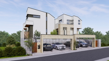 シャッターゲートが開くたび、心満たされる暮らしの舞台。2棟が美しく並ぶ外観と並列駐車2台のゆとりが、日常に安心と快適をもたらします。