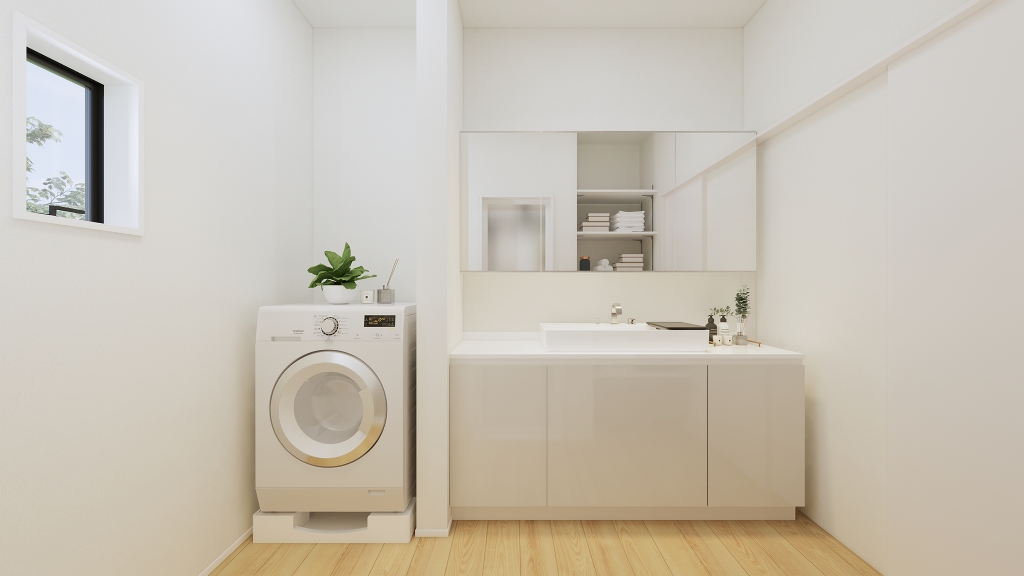 ワイドな洗面台と豊富な収納で、朝の身支度も家族並んでスムーズに。洗濯機置場もゆとりがあり、毎日の家事を快適に支える空間です。