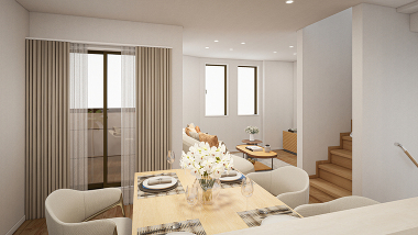 1号棟/家族が自然と集まる16.5帖のLDK。食事もくつろぎも一体で、会話が増える毎日を叶える心地よい空間です。