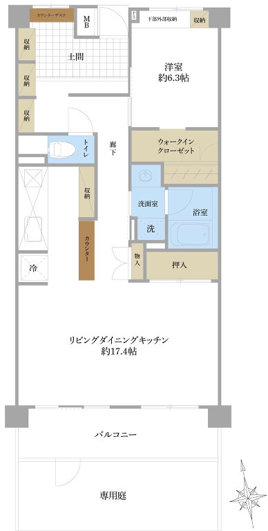 広々とした約17.4帖のLDKと、開放感あふれる専用庭が魅力。土間スペースや大容量のWICなど収納も充実。カウンターデスク付きのキッチンなど在宅ワークにも最適な、ゆとりある間取りです。