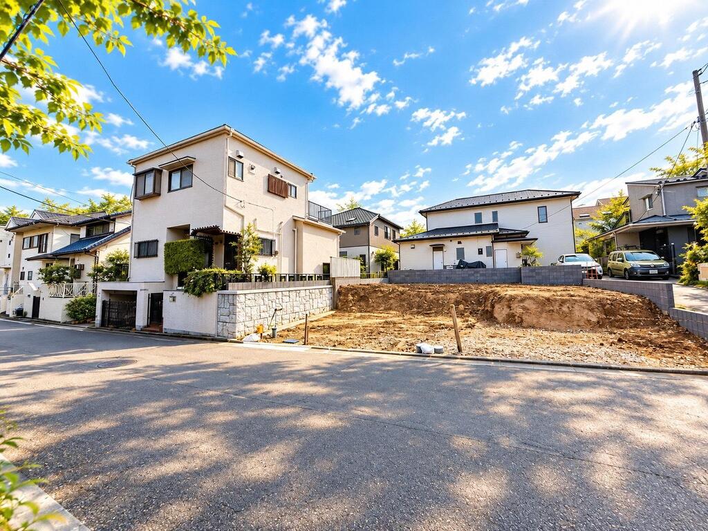 ゆったりとした街並みが印象的な現地周辺。道路沿いには緑が点在し、住宅街らしい落ち着いた雰囲気が広がっています。
