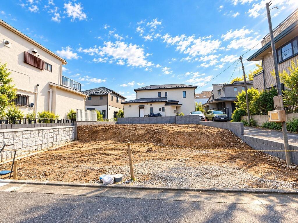 前面道路から見た現地の様子。周囲には整った住宅街が広がり、すっきりとした印象です。現地を訪れることで街の雰囲気もより具体的に感じられます。