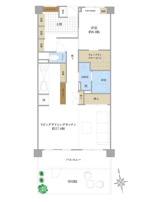 2LDKへ変更可能な広々とした約17.4帖のLDKと、開放感あふれる専用庭が魅力。土間スペースや大容量のWICなど収納も充実。