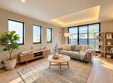 【施工例】落ち着いた色調と上質な素材感で仕立てた主寝室。収納力とデザイン性を両立し、一日の終わりを心地よく過ごせる空間を演出します。